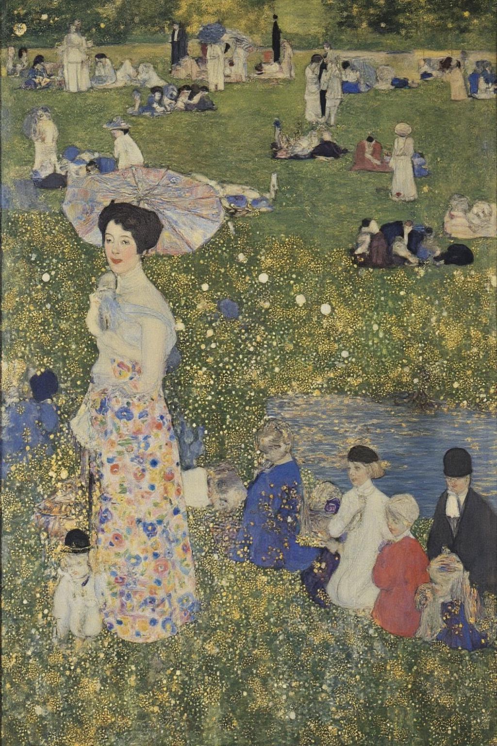 kl1mt painting.
painting a serene park scene on a sunny afternoon. The composition features a group of elegantly dressed men, women, and children leisurely enjoying the day by a calm river. Figures are arranged in a balanced, geometric manner, some sitting on the grass, others standing or walking with parasols. A woman with a parasol and a small dog stands prominently in the foreground. The vibrant greenery of the park contrasts with the soft blues of the river and sky, while the figures are rendered in precise, colorful dots of paint, creating a harmonious and luminous atmosphere. The overall setting is tranquil, capturing the essence of 19th-century leisure life
 <lora:kl1mt_cap_d6a3e12:1.0><lora:823251381596138950:0>