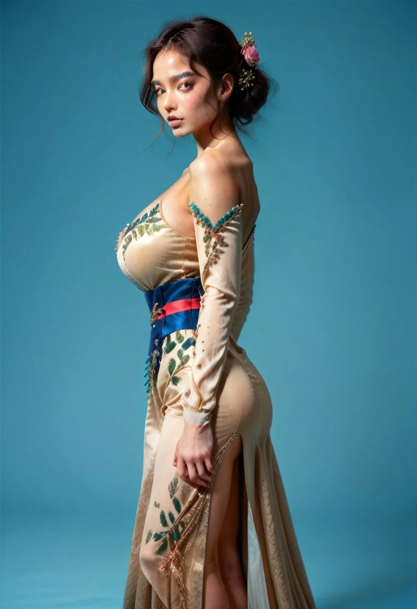 score_9, score_8_up, score_7_up,
JDMAI_ARIEL_SARI, JDMAI_KEBAYA, pureerosface_v1, tight long kebaya dress, long sleeves, deep neckline, bare shoulders, flower hairpin, decorated sash, brocade decoration, sequin decoration,
(dynamic lighting), (dynamic shadow), 4k, HD, Hi res, cinematic masterpiece, photographic masterpiece,
contrapposto pose, upper body, side view,
natural make-up, glossy lips, 40GG cup Breasts, massive breasts size, natural breasts shape, narrow waist, wide hips, round ass, thick thighs, thigh gap, barefoot,
(simple turquoise background), (blurry background), (sharp focus on object),