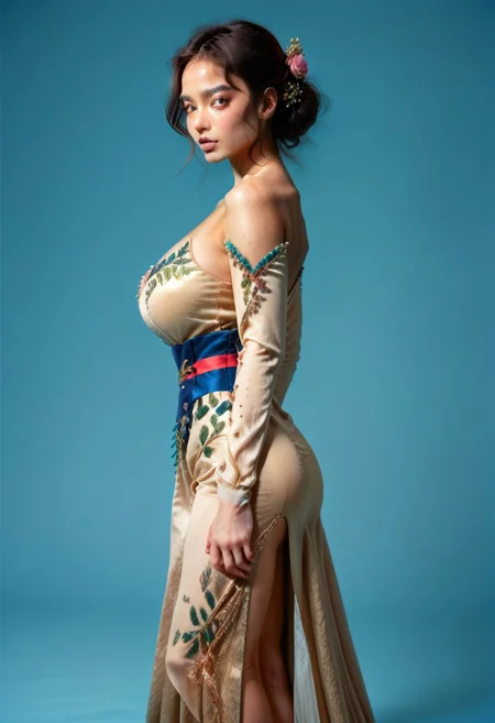 score_9, score_8_up, score_7_up,
JDMAI_ARIEL_SARI, JDMAI_KEBAYA, pureerosface_v1, tight long kebaya dress, long sleeves, deep neckline, bare shoulders, flower hairpin, decorated sash, brocade decoration, sequin decoration,
(dynamic lighting), (dynamic shadow), 4k, HD, Hi res, cinematic masterpiece, photographic masterpiece,
contrapposto pose, upper body, side view,
natural make-up, glossy lips, 40GG cup Breasts, massive breasts size, natural breasts shape, narrow waist, wide hips, round ass, thick thighs, thigh gap, barefoot,
(simple turquoise background), (blurry background), (sharp focus on object),