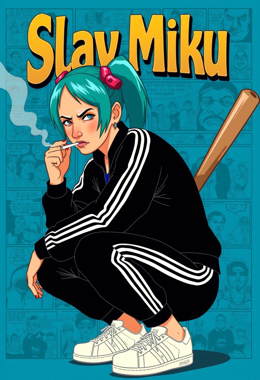 Title: Display the title "Slav Miku" in bold gold text, Times New Roman font
main character:  Hatsune Miku wearing a black adidas track suit with white stripes on the sides, and white adidas sneakers. Miku is squating, smoking a cigarette and holding a baseball bat. She is tough-looking and intimidating, looking directly at viewer 
visual style: bullylsf1, blue background, outline, 2d, background is wallpaper of various comic strips