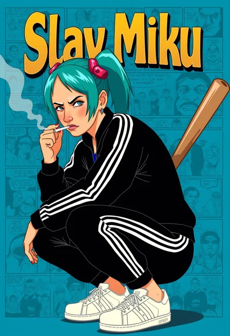 Title: Display the title "Slav Miku" in bold gold text, Times New Roman font
main character: Hatsune Miku wearing a black adidas track suit with white stripes on the sides, and white adidas sneakers. Miku is squating, smoking a cigarette and holding a baseball bat. She is tough-looking and intimidating, looking directly at viewer
visual style: bullylsf1, blue background, outline, 2d, background is wallpaper of various comic strips
