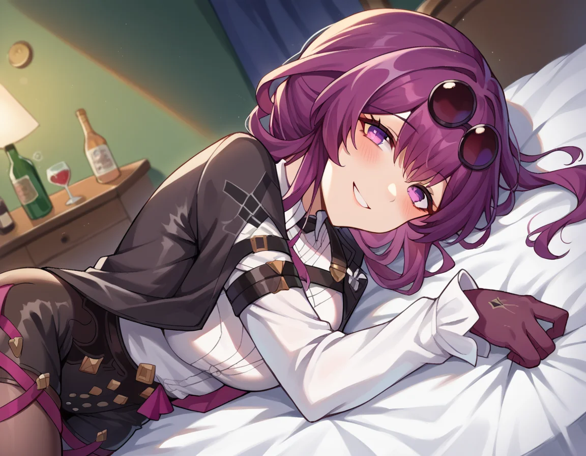 score_9, score_8_up, score_7_up, source_anime,
honkaikafka, <lora:honkai-kafka-ponyxl-lora-nochekaiser:1>,
kafka, eyewear on head, round eyewear, purple eyes, purple hair, long hair, smile,
black jacket, gloves, high-waist shorts, jacket, pantyhose, pantyhose under shorts, shirt, shorts, white shirt
indoors, bed, bed room, on side, blush, drunk,
looking at viewer, dutch angle, cowboy shot,