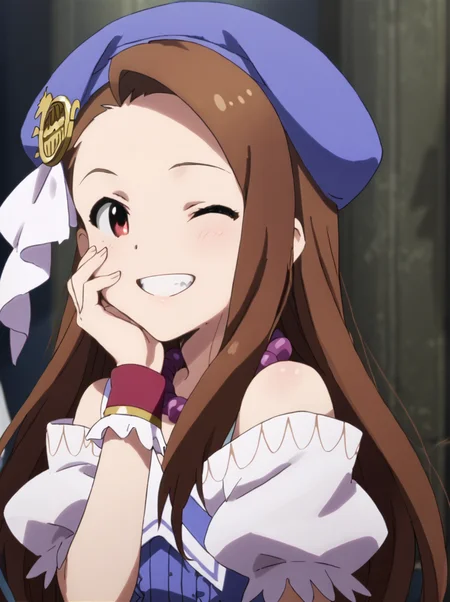 detailed background, posing, rating safe,
<lora:smothri.pony:1>,
smothri, iori,
grin, one eye closed, hand to face,