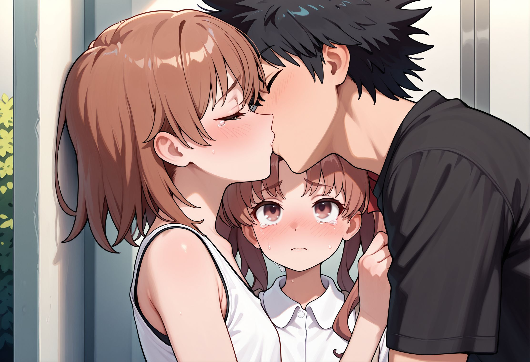 masterpiece,best quality,amazing quality,very aesthetic,absurdres,newest,huge filesize,
<lora:spo_sdxl_10ep_4k-data_lora_webui:0.5>,
<lora:add-detail-xl:1>  anime coloring,uncensored,
<lora:Forced_to_Watch_NTR:1>Forced_to_Watch_NTR,
only 3preson,
2girls,1 boy,hetero, 
kiss, looking at another, 
bush,
boy kiss girl ,
closed eyes,
forced to watch, 
(one girl  standing at background is looking at couple kissing, sad, tearing up), 
BREAK
kamijou touma, 
BREAK
misaka mikoto,  short hair, 
BREAK
Shirai Kuroko,