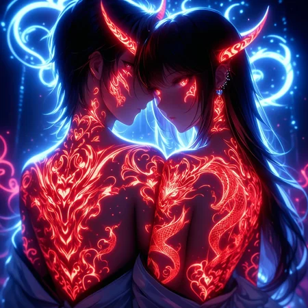 safe_pos, ((Masterpiece)), ((hearts tattoo)), red tattoo, ((luminous:1.2)), (horns), ((seductive look and expression)), 1girl, looking at viewer, lovely couple in love, standing in a night club, night club