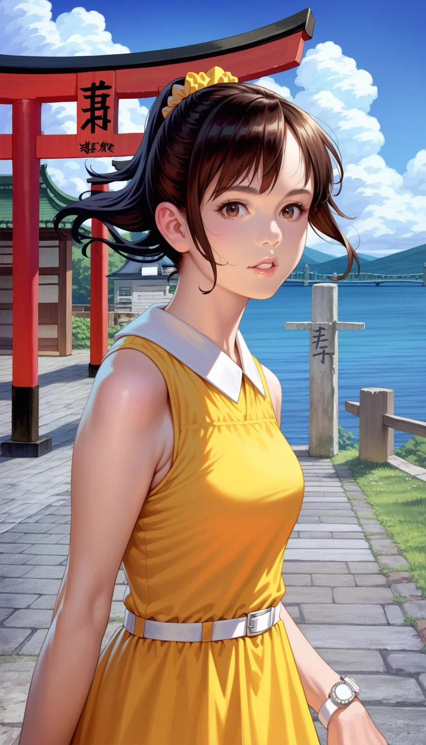 score_9,score_8_up,score_7_up,
<lora:miiyamotohikari:0.8>,miiyamotohikari,
photorealistic,(realistic:1.2),
1girl,solo,black hair,bangs,orange scrunchie,bouncing hair,
brown eyes,looking at viewer,parted lips,
sleeveless yellow dress,white collar,white wristwatch,white belt,
upper body,
blurry background,outdoors,beautiful landscape,clear sky,ocean,cloud,traditional japanese architecture,torii,pavement,stone lantern,stone steps,japanese shrine,sea fence,bridge in the background,distant mountains,summer,