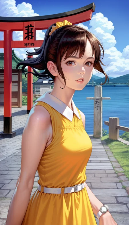 score_9,score_8_up,score_7_up,
<lora:miiyamotohikari:0.8>,miiyamotohikari,
photorealistic,(realistic:1.2),
1girl,solo,black hair,bangs,orange scrunchie,bouncing hair,
brown eyes,looking at viewer,parted lips,
sleeveless yellow dress,white collar,white wristwatch,white belt,
upper body,
blurry background,outdoors,beautiful landscape,clear sky,ocean,cloud,traditional japanese architecture,torii,pavement,stone lantern,stone steps,japanese shrine,sea fence,bridge in the background,distant mountains,summer,