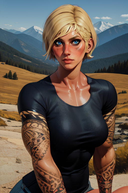 valkyrie ,blue eyes,  blonde  hair,  short hair,  arm tattoos,  shoulder tattoos,  biceps,  
medium breasts,  black shirt, 
sitting, 
looking at viewer, solo ,upper body, blush,  jeep, 
country woods, mountains,  realistic, 
(insanely detailed, beautiful detailed face, masterpiece, best quality), <lora:valkyrieRSS-10:0.8>