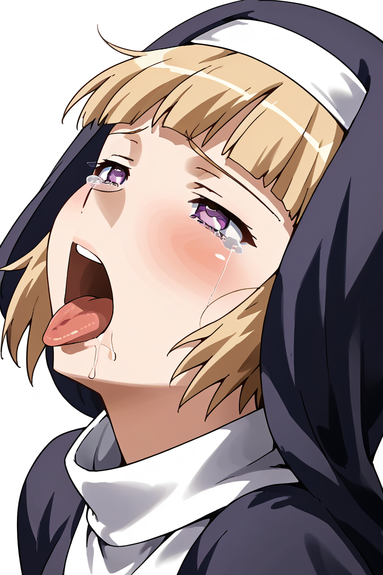 source_anine, tongue, solo, blonde hair, 1girl, tongue out, tears, open mouth, nun, habit, white background, purple eyes, blush, ahegao, simple background, short hair, from side