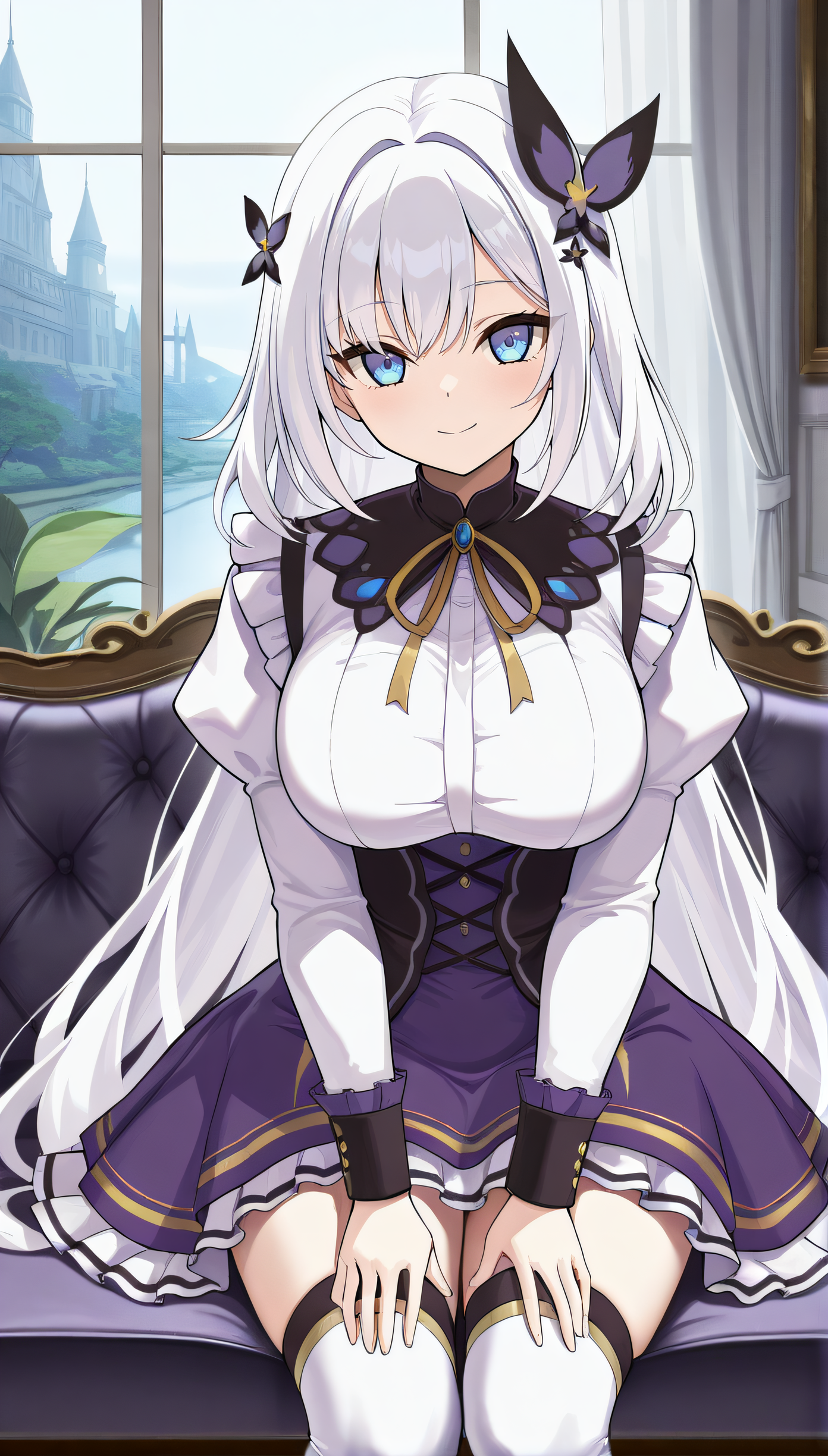 masterpiece, best quality, highres, scenery, newest, 1girl, official style, <lora:Tsukigaoka_Ran:1>, ran, white hair, very long hair, blue eyes, frills, puffy sleeves, purple dress, large breasts, white chest, white long sleeves, white thighhighs, looking at viewer, smile, cowboy shot, sitting on couch, indoor, hands on knees