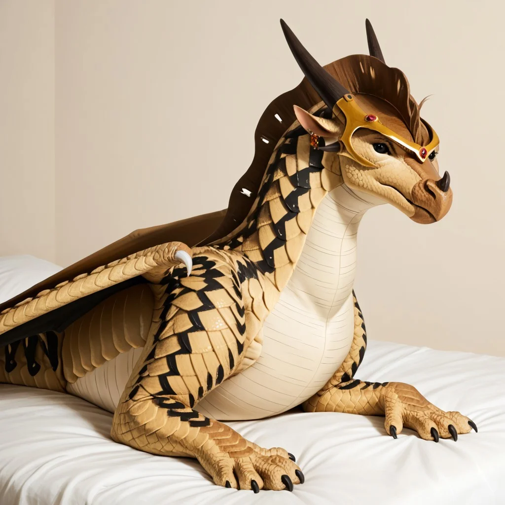 score_9, score_8_up, score_7_up, score_6_up, score_5_up, score_4_up, masterpiece, high quality, realistic, detailed, best quality, white bed, solo, rating_safe, source_furry, bedroom, scowling, angry, looking at viewer, lying on belly, feral, Blister_wof, black scale pattern, black sclera, black eyes, female, 1girl, circlet, Sandwing, dragon, yellow scales, horn, claws, wings, tail, tail barb