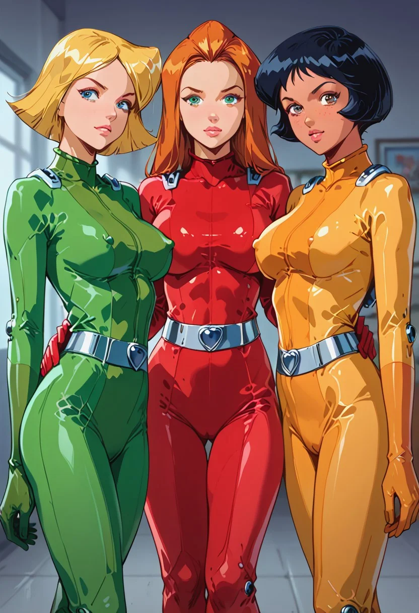 score_9, score_8_up, score_7_up, 3girls, multiple girls, \(totally spies\), (samts, long orange hair, green eyes, green bodysuit). (cloverts, short blonde hair, blue eyes, red bodysuit). (alexts, short black hair, brown skin, brown eyes, yellow bodysuit ). Huge breasts, athletic body, big thighs, wide hips, big ass, covered nipples, holding each other erotically, horny, looking at viewer, sexual intent, realistic NSFW
