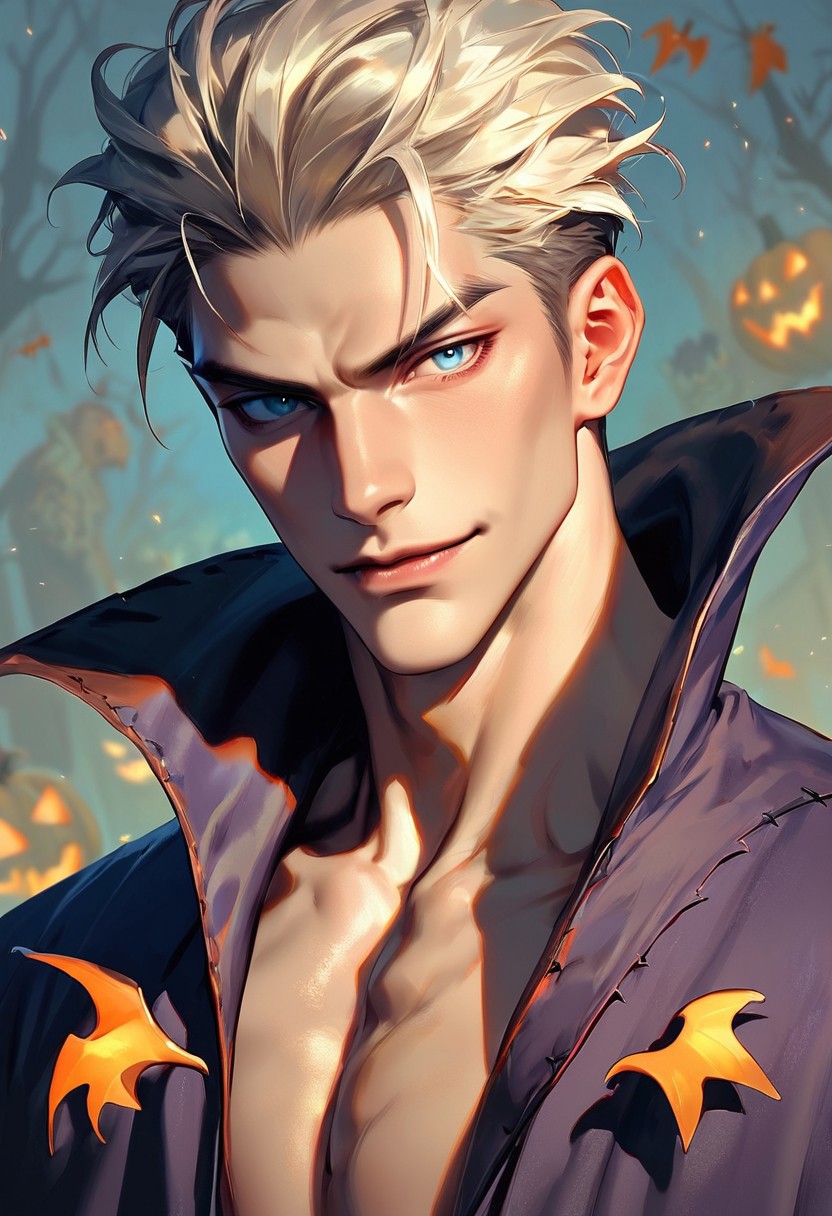 score_9, score_8_up, score_7_up, score_6_up, score_5_up, score_4_up, source_anime, 30 yo athletic man posing as a vampire at a halloween party, fierce look