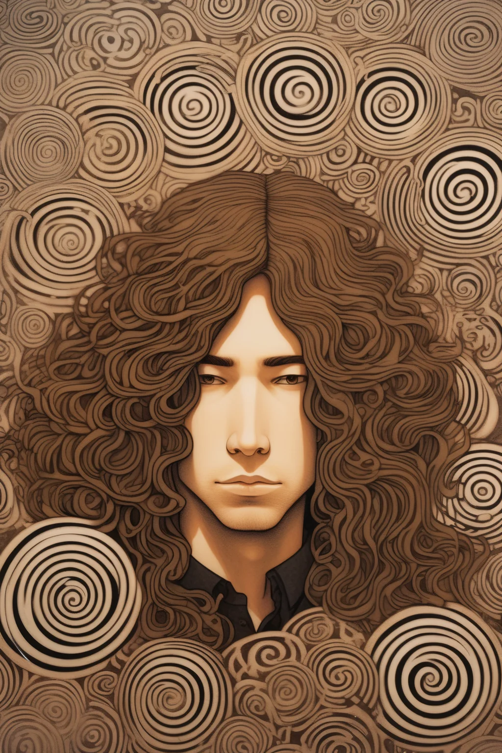 <lora:Audrey Kawasaki Style:1>Audrey Kawasaki Style - a man with long curly brown hair surrounded by cymatics vibrations, in the style of Audrey Kawasaki