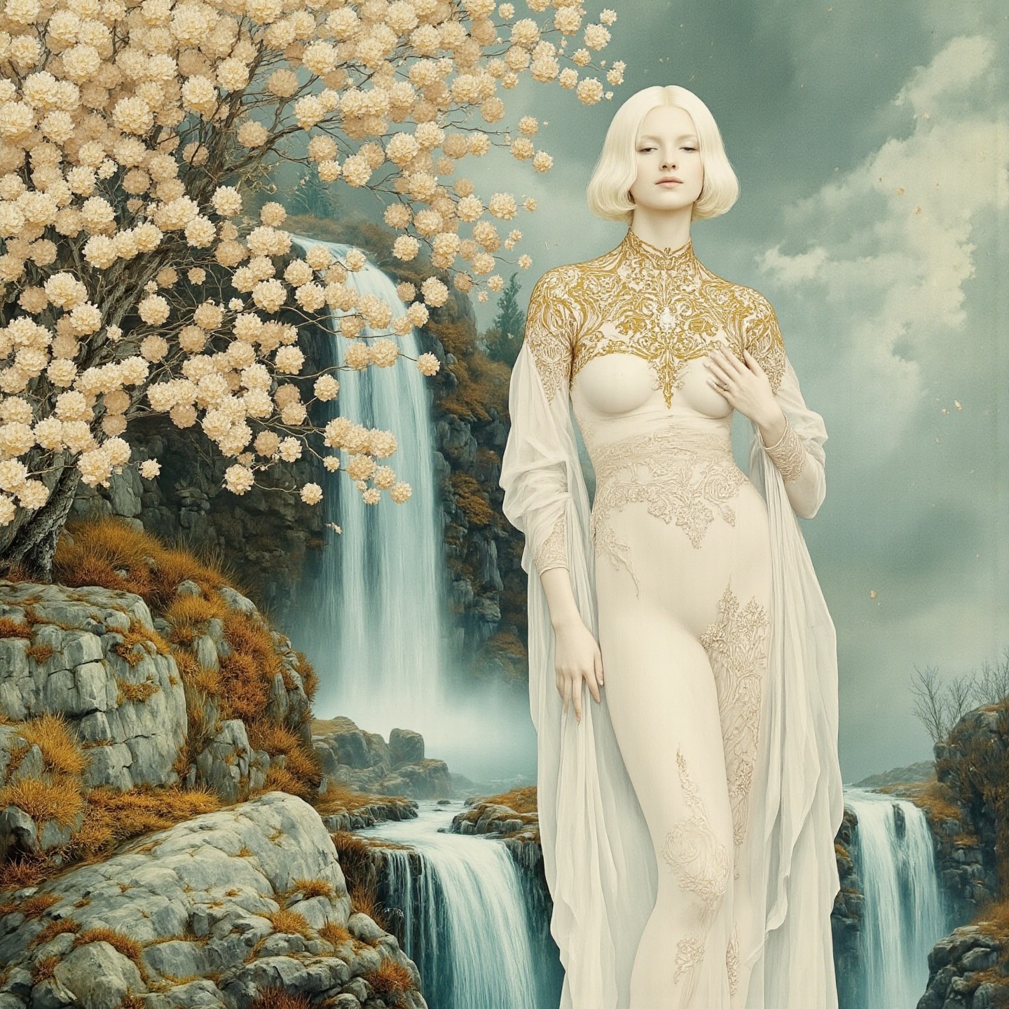 Expressionism, magnificent female ethereal ghost beside a cliff with waterfall in spring, (brass-tinted:0.5), very detailed, intricate, (clouds of ash:1.21), white marbled ebru design (with pale green details:0.5). a00-a14 <lora:Flux_White_SaMay:0.7> <lora:Hand v2:0.7>