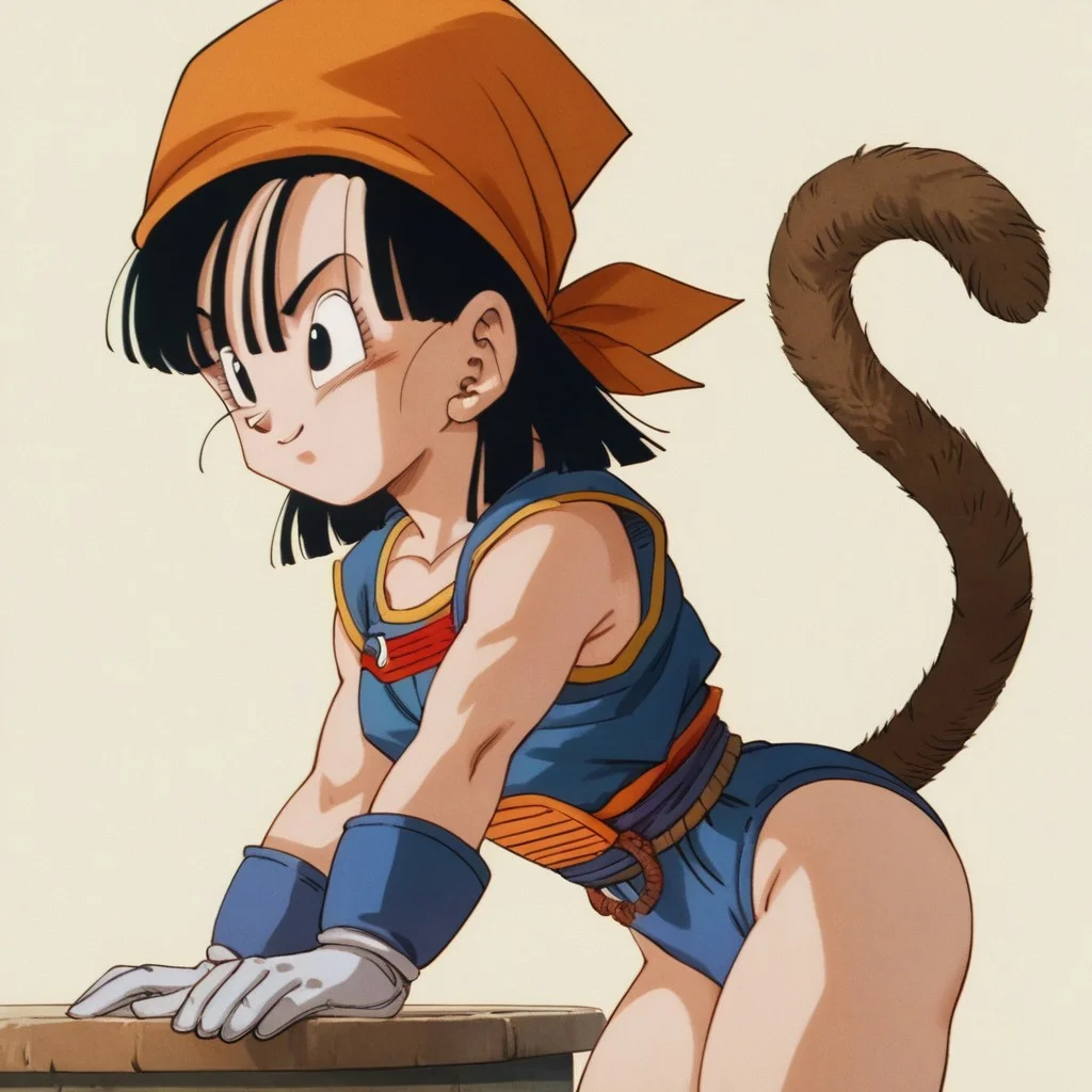 score_9, score_8_up, score_7_up, akiratoriyama, official art, source_anime, solo, 1girl, pan gt, black hair, long hair, black eyes,, Saiyan armor, blue leotard, white gloves, small breasts, large butt, monkey tail, short hair, black hair, bandana, orange bandana, masterpiece, detailed, Expressiveh