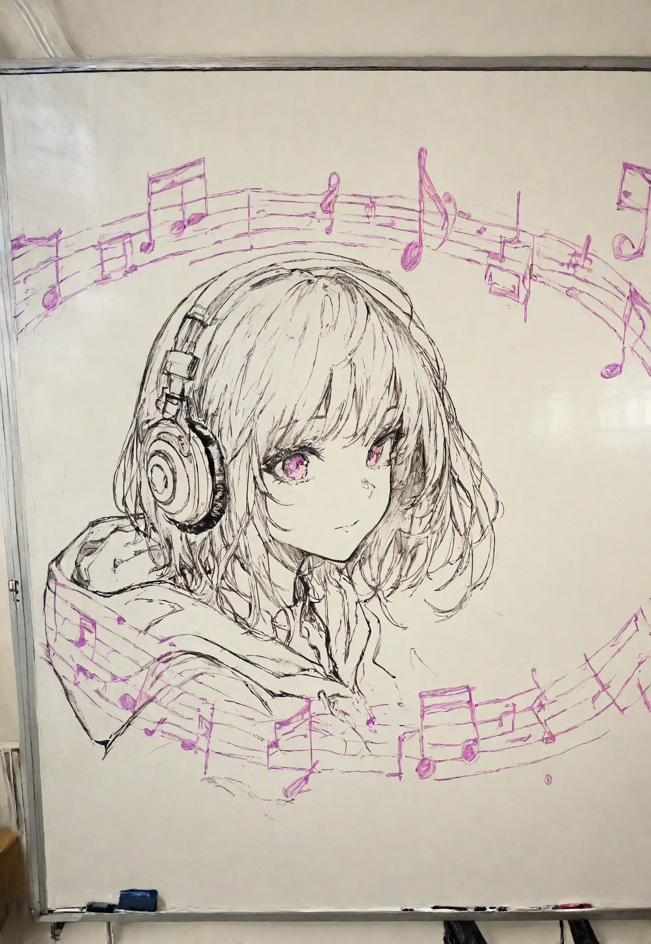 masterpiece, best quality, amazing quality, very aesthetic, absurdres, newest, detailed background, white3oard, whiteboard, (sketch:1.2), 1girl, solo, portrait, hood, headphones, spot color, traditional media, purple music notes, lineart, wide shot