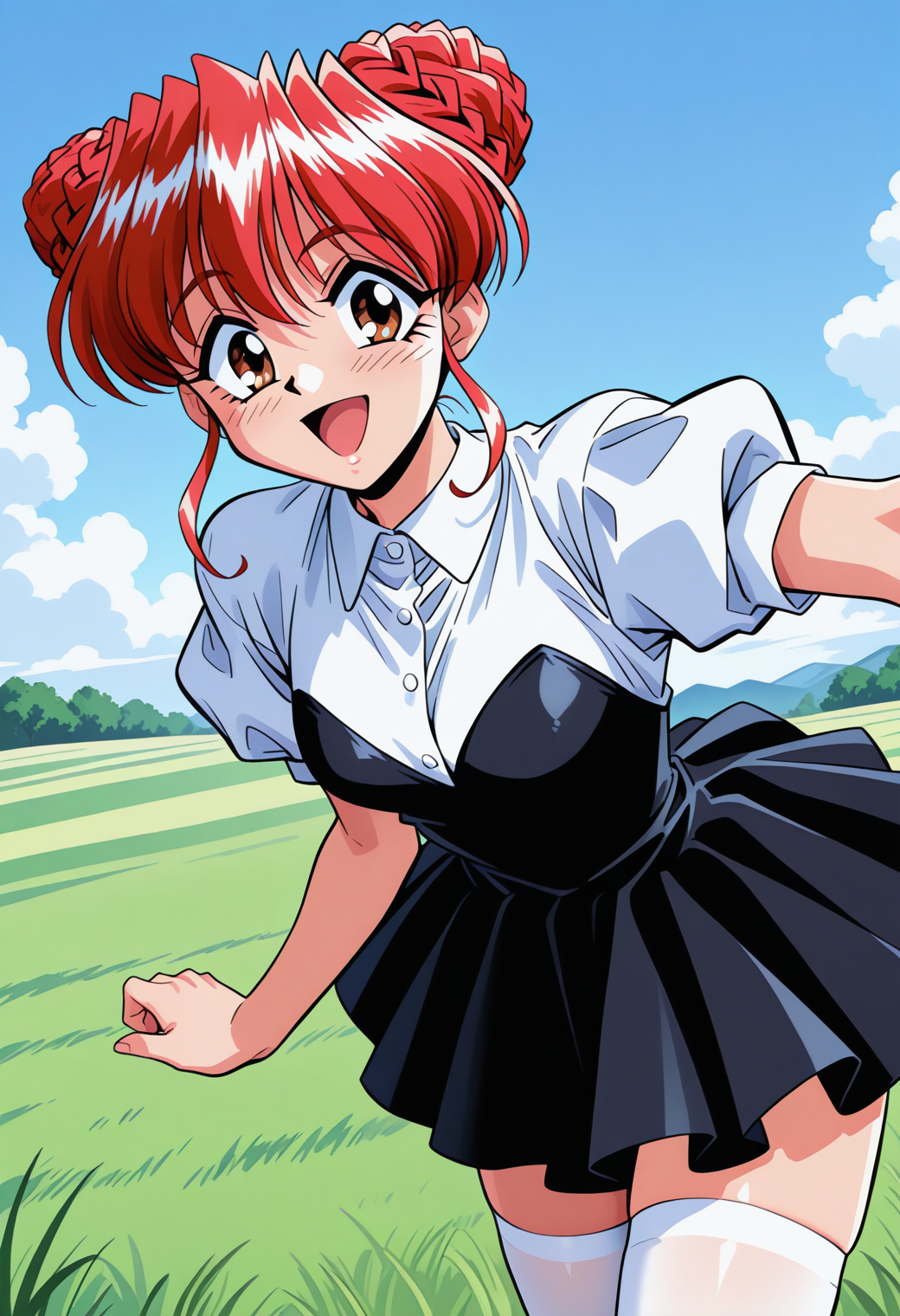 tani_yurika, brown eyes, red hair, hair bun, double bun, white shirt, puffy short sleeves, black dress, dress, white thighhighs, zettai ryouiki, <lora:Graduation_tani_yurika_illustrious_ver1:0.8>
smile, open mouth,, masterpiece, best quality, very aesthetic, absurdres, general,, 1girl, solo, blue sky, (grasslands:1.2), looking at viewer,, (cowboy shot, dynamic pose:1.4),