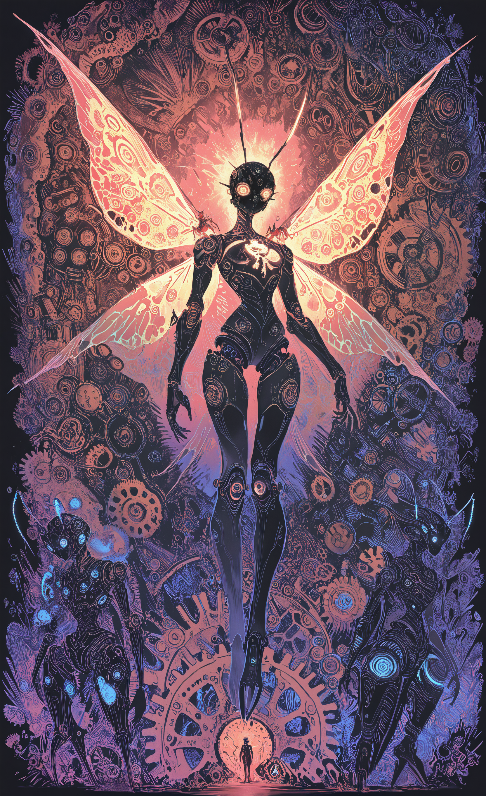 masterpiece, best quality, good quality, very awa, newest, highres, absurdres,  wings, no humans, bug, robot, science fiction, antennae, fantasy, insect wings, gears, non-humanoid robot, steampunk, machine, screw, limited palette, sketch, glowing, psychedelic, <lora:illustriousXL_stabilizer_v1.23:0.3> <lora:NOOB_vp1_detailer_by_volnovik_v1:0.3> <lora:ponyv6_noobE11_2_adamW-000017:0.3> <lora:114558v4df2fsdf5:1> <lora:mon_monmon2133:0.6>