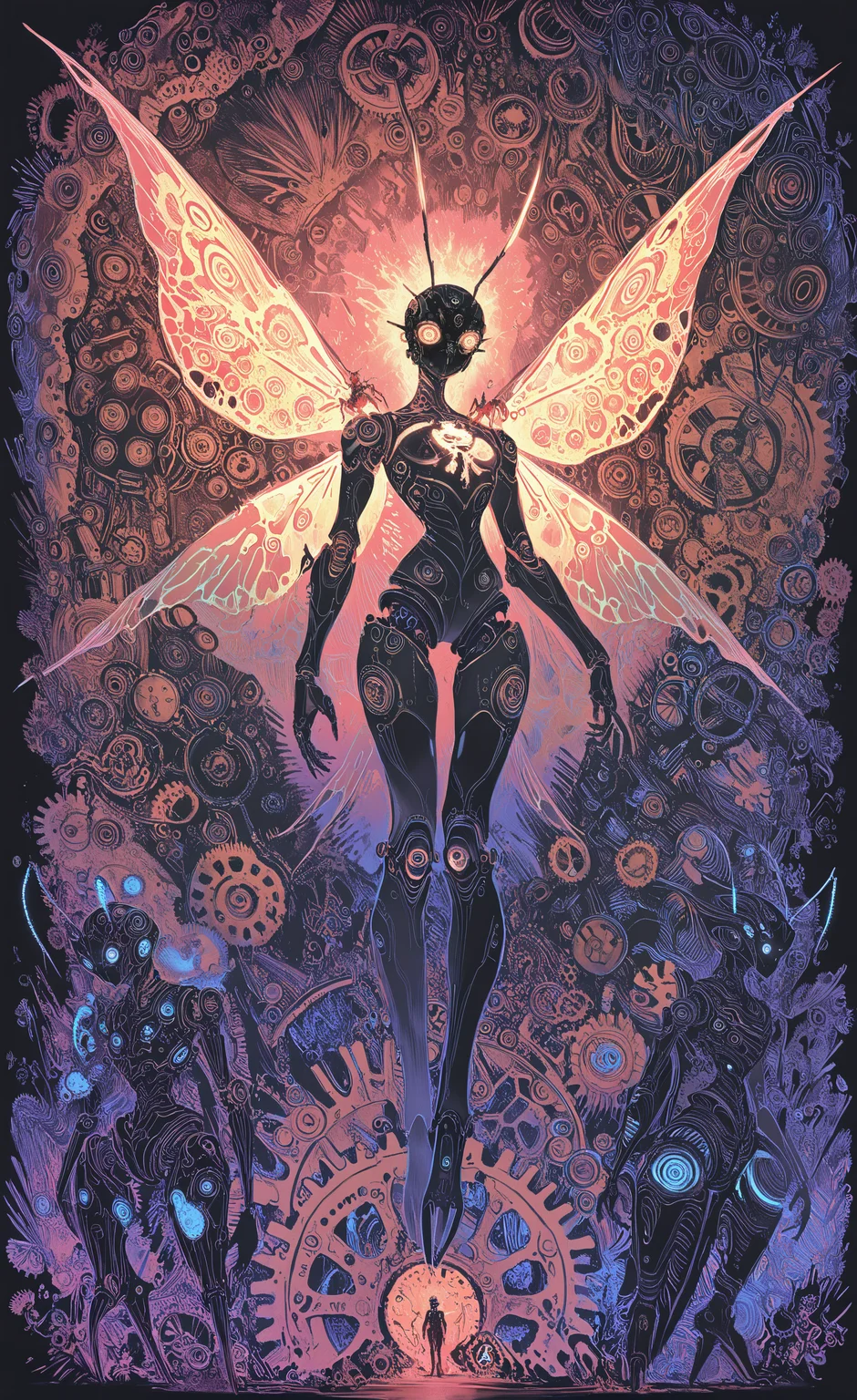 masterpiece, best quality, good quality, very awa, newest, highres, absurdres, wings, no humans, bug, robot, science fiction, antennae, fantasy, insect wings, gears, non-humanoid robot, steampunk, machine, screw, limited palette, sketch, glowing, psychedelic, <lora:illustriousXL_stabilizer_v1.23:0.3> <lora:NOOB_vp1_detailer_by_volnovik_v1:0.3> <lora:ponyv6_noobE11_2_adamW-000017:0.3> <lora:114558v4df2fsdf5:1> <lora:mon_monmon2133:0.6>