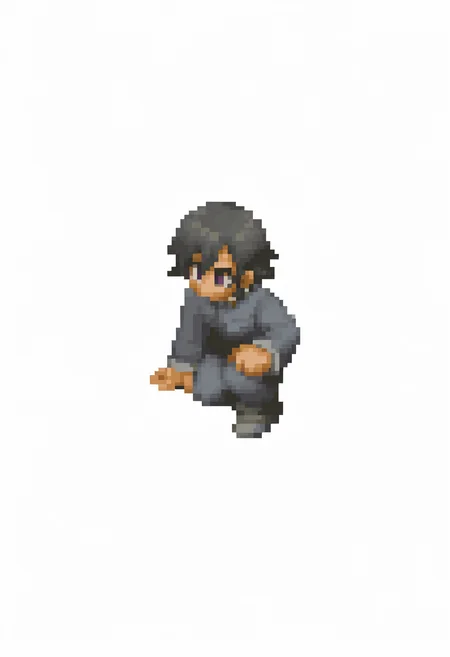 masterpiece, best quality, solo, 1boy, <lora:FFT-Sprites-illus_Fp:1>, full body, kneeling, pixel art, simple background, no nose, no mouth, simple background, white background, <lora:Naoya-illus_Fp:1>, naoyap1, black hair, purple eyes, school uniform, hair between eyes, short hair, single earring,