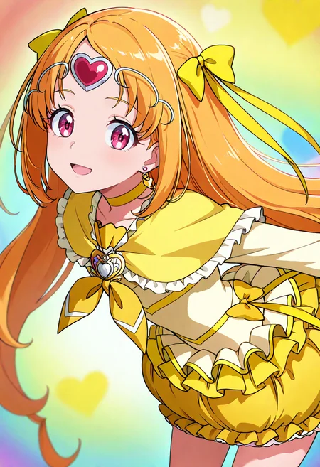 masterpiece, best quality, absurdres, very aesthetic, general,
cure muse \(yellow\), 1girl, solo, yellow bow, smile, circlet, orange hair, frills, hair bow, yellow choker, pink eyes, looking at viewer, bubble skirt, open mouth, hair ribbon, brooch, floating hair, very long hair, :d, eyelashes, multicolored background, red eyes, eyebrows visible through hair, yellow dress, cowboy shot, standing, yellow background, long sleeves, outstretched arms, yellow skirt, shiny hair, capelet, happy, yellow theme, heart hair ornament, green background, blurry background, anime coloring, spread arms, yellow ribbon, miniskirt, purple eyes, leaning forward, frilled sleeves, brown hair, gradient background, from side, yellow neckwear, rainbow background, from above, heart earrings, frilled capelet, parted lips, bowtie, thighs,
<lora:cure_muse_shirabe_ako_illustXL_locon_v1:0.7>