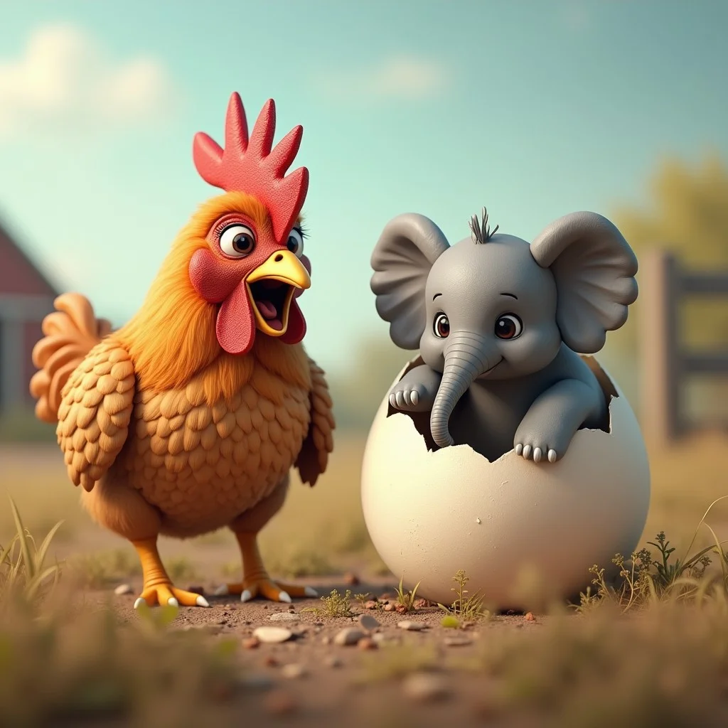 a surprised chicken watches as her egg hatches and a baby elephant emerges from the egg, farm backdrop,