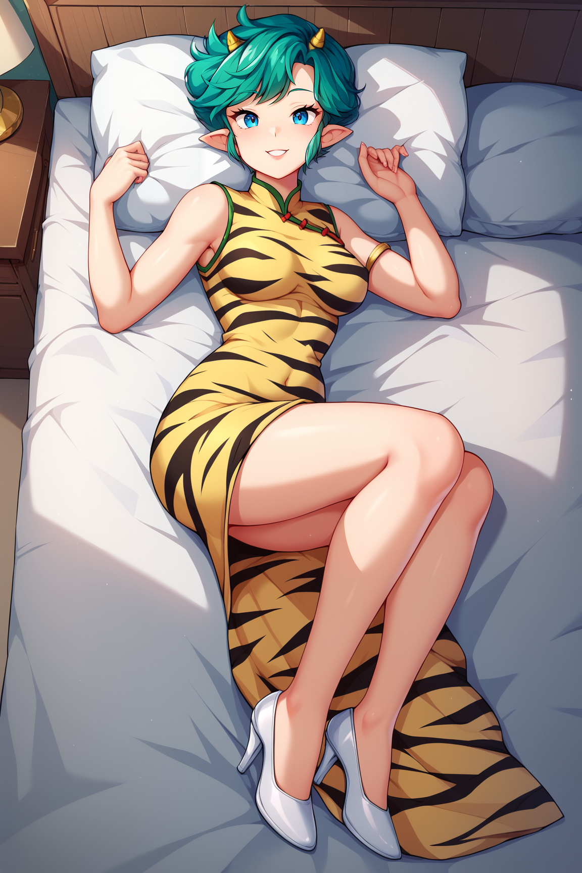 score_9, score_8_up, score_7_up, score_6_up, BREAK, LumMotherUYXL, blue eyes, green hair, short hair, bangs, yellow horns, short pointy ears, medium breasts, tiger print, yellow dress, sleeveless dress, white high heels, solo, full body, lying on bed, seductive smile, looking at viewer, indoors <lora:LumMotherUYXL:1>