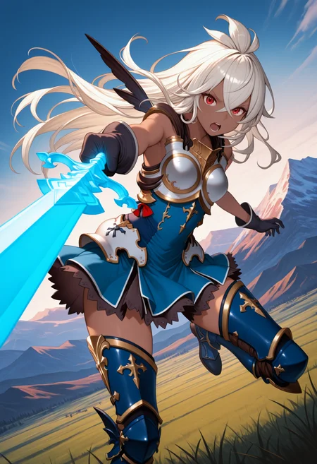 masterpiece, best quality, 1girl, solo, Z00eyBase, red eyes, grey hair, long hair, ahoge, dark skin, armored dress, blue dress, sleeveless, pauldrons, black gloves, waist armor, armored boots, thigh boots, holding sword, aiming at viewer, foreshortening, open mouth, action pose, dutch angle, outdoors, mountainous horizon, <lora:ChamZooeyNoob:1>