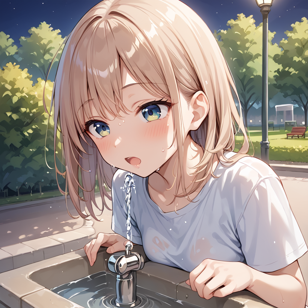 score 9,score_8_up,score_7_up,park,1girl,woman 
 <lora:drinking_fountain:0.8> drinking_fountain ,drink_water,  open mouth, drinking, faucet,
BREAK outdoors, park, night time, sweaty,