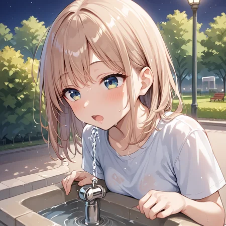 score 9,score_8_up,score_7_up,park,1girl,woman 
 <lora:drinking_fountain:0.8> drinking_fountain ,drink_water,  open mouth, drinking, faucet,
BREAK outdoors, park, night time, sweaty,