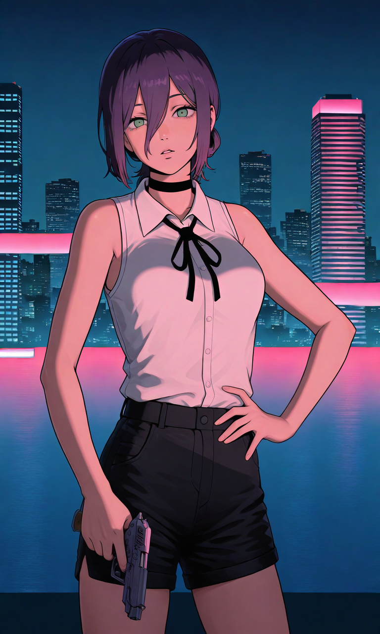 embedding:IllusP0s, GTAVC-LS-ILV1.0, reze_\(chainsaw_man\), purple hair, green eyes, choker, sleeveless, white shirt, black ribbon, black shorts, contrast lighting, parted lips, outdoors, holding gun, handgun, night, one hand on hip, city, miami, synthwave, pink hue, orange hue, blue hue,<lora:GTA_Vice_City_Loading_Style-000014.safetensors:1.0:1.0>