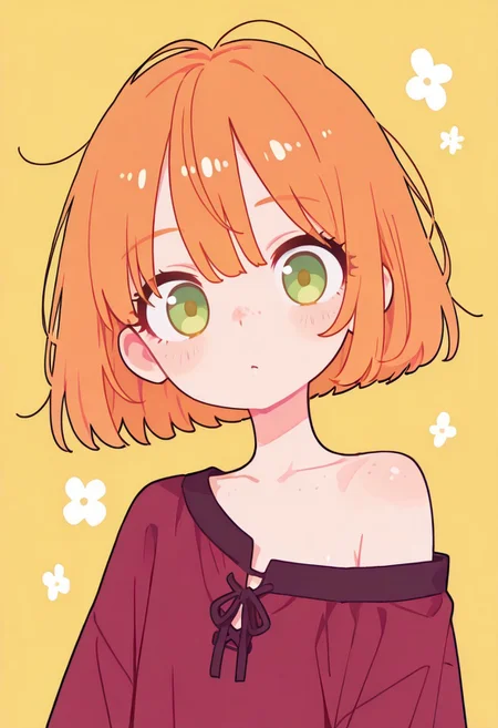 masterpiece,best quality, Smooth, no lineart,no outline, super cute style, very aesthetic, flat colors, Colorful themes,High Saturation, haiz_ai,
<lora:ponyv6_noobE11_2_adamW-000017:0.3> <lora:MeMaXL4:0.8> <lora:veluflora-wai:0.35> <lora:haiz_ai_illu:0.7>,
1girl, petite, cute, kawaii, small, fragile, young, youthful, orange hair, bob cut, light green eyes, light freckles, fair skin, shiny skin, short hair, flatchest, messy hair,
one bare shoulder, looking at viewer, close up,