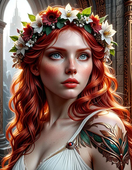 helios-beasts,side portrait of a beautiful girl, red hair, flower crown, white dress, headshot, hyper realistic, pale skin, 4k, rule of thirds, beautiful eyes, extreme detail, detailed drawing, trending artstation, hd, fantasy, D&D, realistic lighting, by Alphonse Mucha, Greg Rutkowski, sharp focus, backlit, elegant
<lora:helios-beasts:1> <lora:luxart:1>