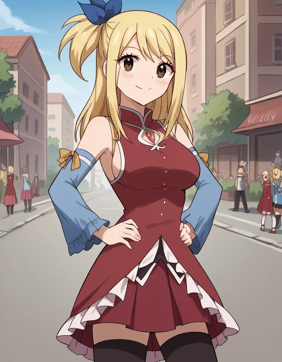 score_9, score_8_up, score_7_up, source_anime, lucyheartfilia, <lora:lucy-heartfilia-s7-ponyxl-lora-nochekaiser:1>, lucy heartfilia, blonde hair, brown eyes, long hair, one side up, ribbon, hair ribbon, blue ribbon, large breasts,, <lora:sakura-kyoko-cosplay-ponyxl-lora-nochekaiser:1>, sakura kyoko cosplay, sakura kyoko (cosplay), black thighhighs, cosplay, detached sleeves, dress, frilled dress, frills, long sleeves, magical girl, miniskirt, pleated skirt, red dress, red skirt, sideboob, skirt, skirt under dress, sleeveless, sleeveless dress, thighhighs, zettai ryouiki,, streets, outdoors, smile, blush, hands on own hips,, cowboy shot, looking at viewer,