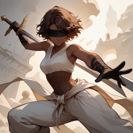 Score_9, Score_8_up, Score_7_up, (masterpiece), best quality, blindfolded, perfect face, perfect anatomy, anime girl, slim, medium breasts, hourglass shape, brown hair, short hair, dark skin and freckles, beautiful and trained bodysuit, white sleeveless shirt, brown corset that highlights her breasts and small waist, loose pants with openings on the sides, without shoes and with long black gloves that reach to her elbows, hippie aura, dark skin,kistune mask on the face
fighting perspective, with a sword in his hand, about to fight, hell
<lora:Concept_Masked_Lady:0.7>,