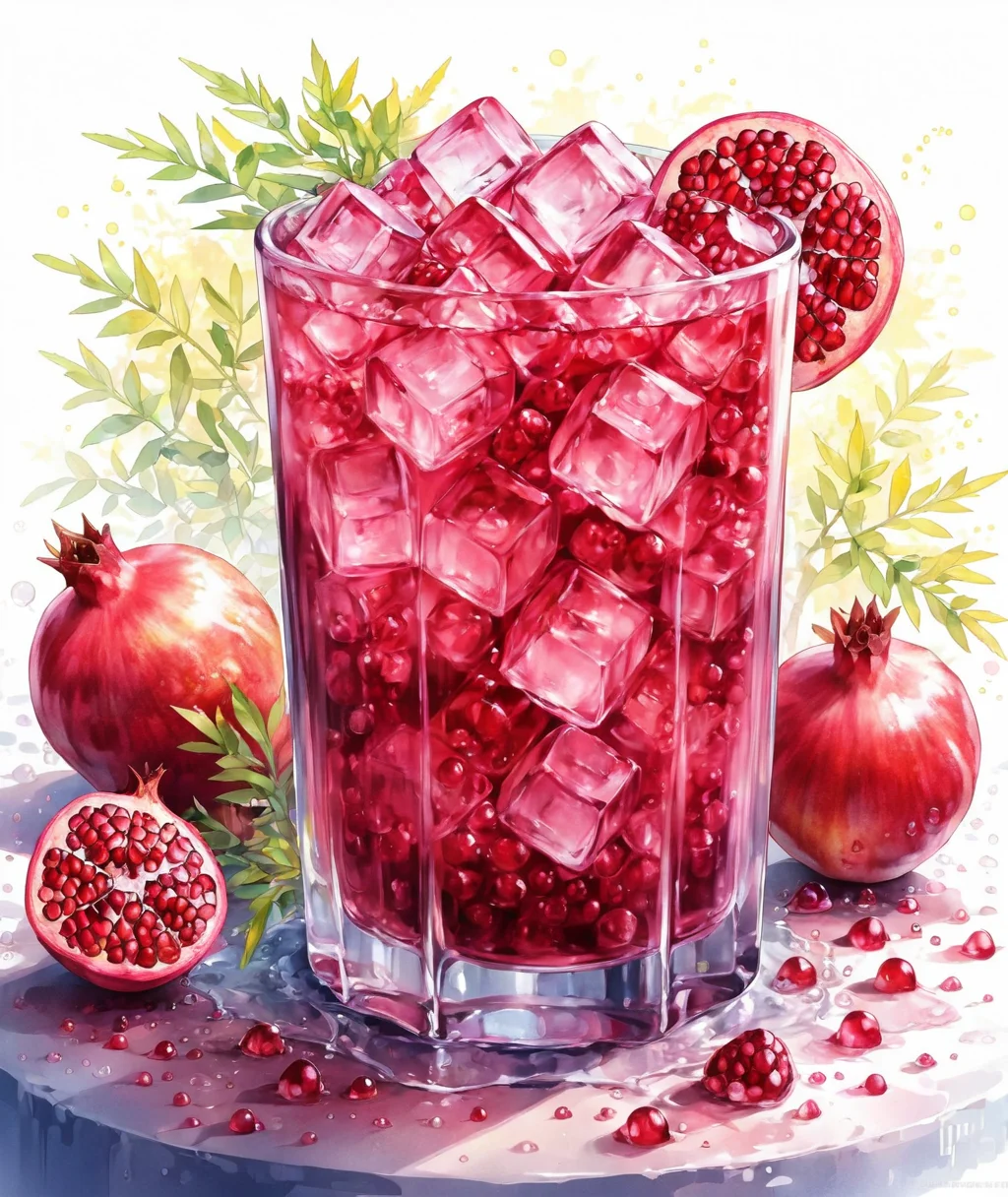 masterpiece,1cup,ice cube,Pomegranate,drink,goldenrod bubble water,restaurant background,Summer_drinking_style,<lora:Summer_drinking_style-model:1>,