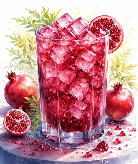masterpiece,1cup,ice cube,Pomegranate,drink,goldenrod bubble water,restaurant background,Summer_drinking_style,<lora:Summer_drinking_style-model:1>,