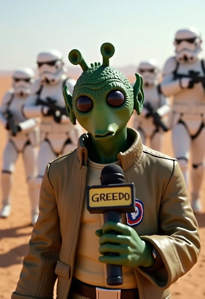 photograph of a green skinned Rodian alien with a snout and antennae who is a savvy journalist reporting live, wearing a press badge and holding a microphone that says GREEDO. Behind him, white star wars storm troopers fire their blasters at rebels in the desert of Tatooine.