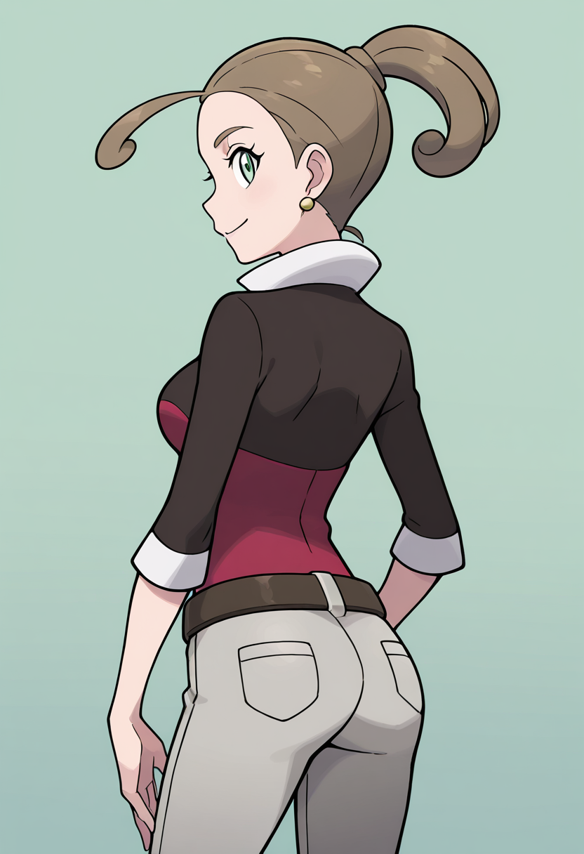 masterpiece, best quality, 1girl, solo, eyelashes, (beautiful eyes), shiny skin, looking at viewer, smile,  zzAlexa, green eyes, ahoge, brown hair, ponytail, short hair, earrings, shirt, belt, pants,     <lora:AlexaPokemon_IXL_v2:1.0>, profile view, long legs, relaxed pose, cowboy shot, smile,
