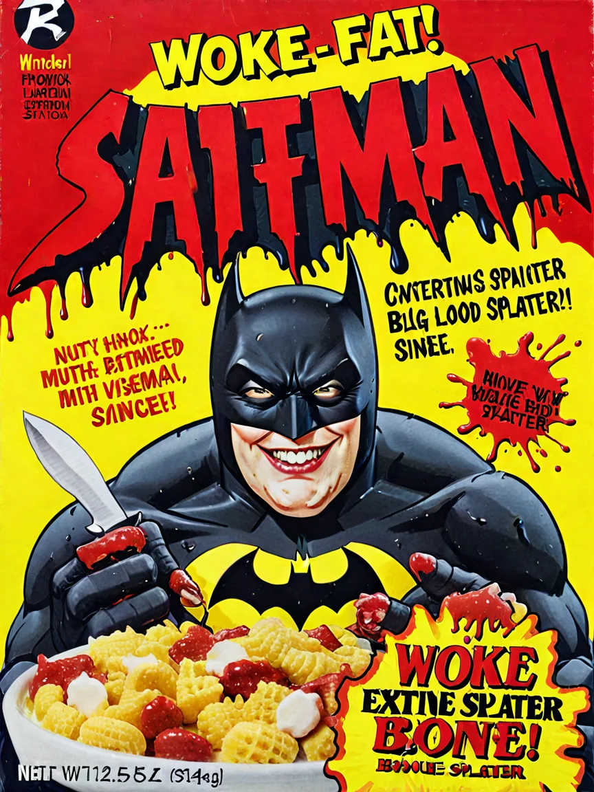 (((woke!))), Fat Batman, nutritious, blood <lora:cereal_box_sdxl_v1:0.9> looking happy, holding big knife, blood splatter, viscera, sinew, bone, extremely detailed