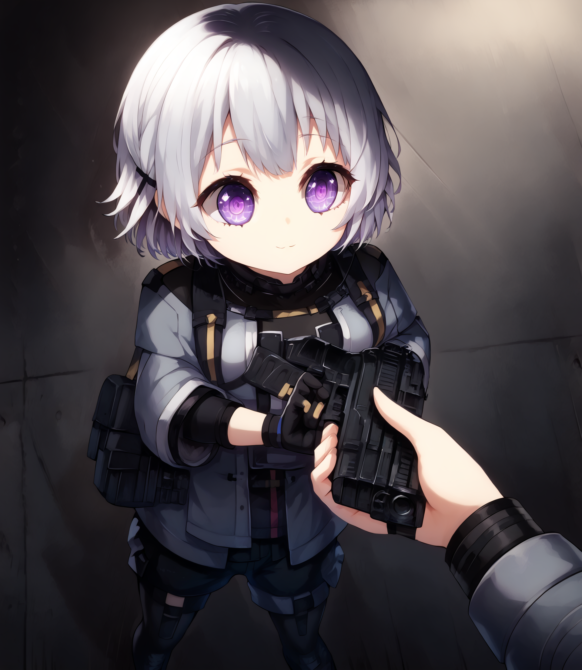 <lora:RPK-16_Girls_Frontline:1> white hair, short hair, bangs, purple eyes, rpk16, gray jacket, black gloves black shorts, black thighhighs, boots, pouches, solo <lora:Eyes_High_Definition:1> eyeshd, high gradient eyes, detailed eyes, high definition eyes,    <lora:go_do_a_crime:1> go do a crime, holding gun,, detailed eyes, detailed face, detailed hands, <lora:detailed_notrigger:1>, (masterpiece), (best quality), (ultra-detailed), (best illustration), detailed face, skin pores, detailed skin, detailed eyes, high quality eyes, good quality hands, high resolution, great anatomy, high quality, highres,