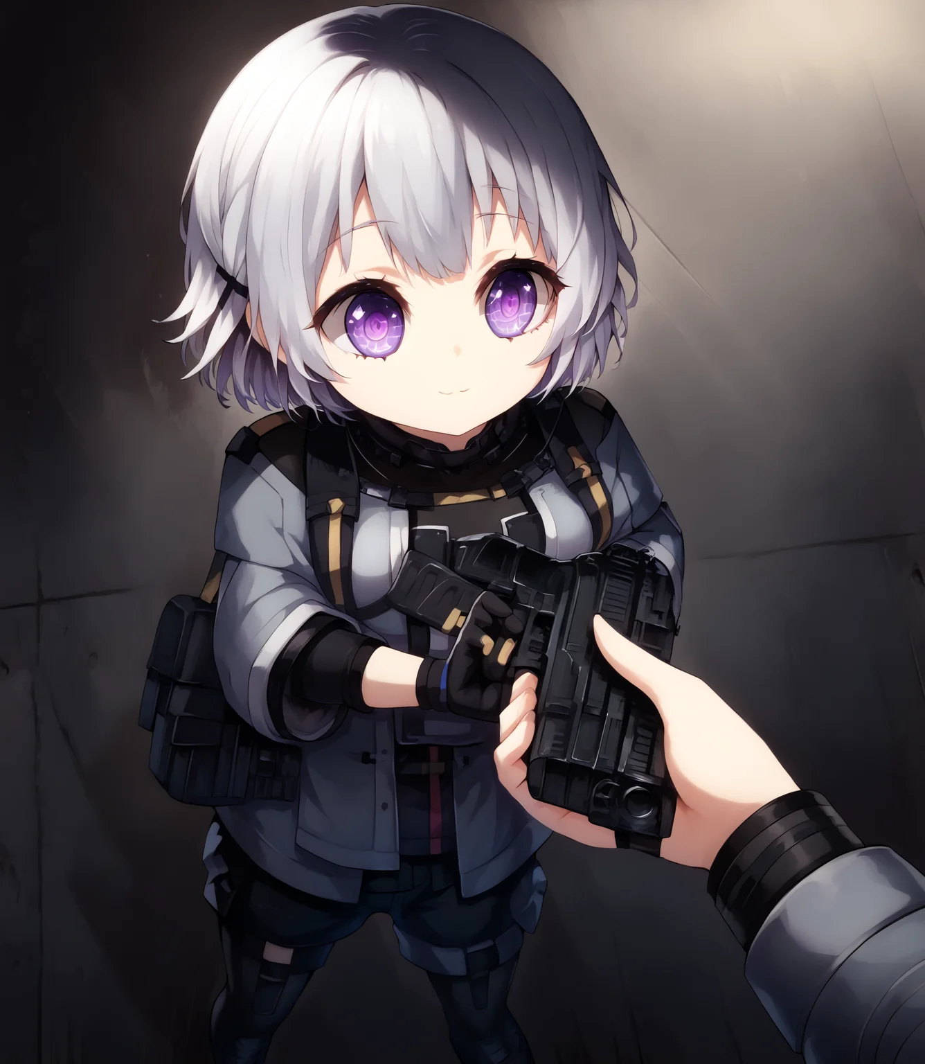 <lora:RPK-16_Girls_Frontline:1> white hair, short hair, bangs, purple eyes, rpk16, gray jacket, black gloves black shorts, black thighhighs, boots, pouches, solo <lora:Eyes_High_Definition:1> eyeshd, high gradient eyes, detailed eyes, high definition eyes, <lora:go_do_a_crime:1> go do a crime, holding gun,, detailed eyes, detailed face, detailed hands, <lora:detailed_notrigger:1>, (masterpiece), (best quality), (ultra-detailed), (best illustration), detailed face, skin pores, detailed skin, detailed eyes, high quality eyes, good quality hands, high resolution, great anatomy, high quality, highres,