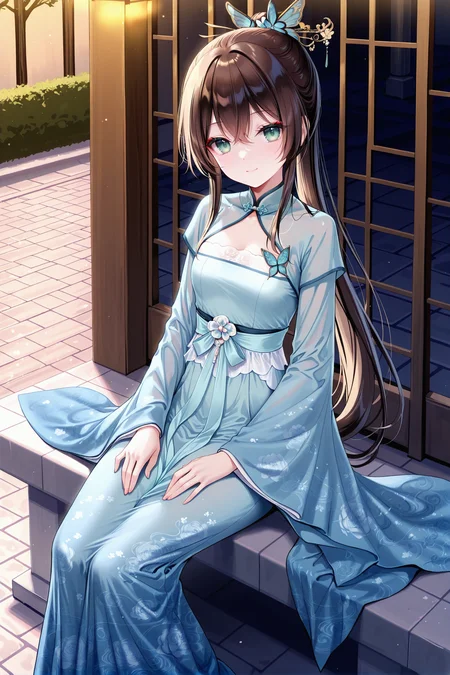 masterpiece, best quality, newest, absurdres, highres,(chen bin: 0.5),(hiten \(hitenkei\):0.4),(rimuu:0.5),(mignon:0.5),(sheya:0.6),
ensemble style, misaki(ensemble),1girl,ponytail,hair ribbon,brown hair,green eyes,smile,
chinese clothes, blue dress, wide sleeves, hair ornament, hanfu, very long dress, furisode,
outdoors, street,alley,night,sitting,hand on own thigh, butterfly hair ornament, hair stick,<lora:MisakiXLNAI:1>,<lora:chenhaihanfuXLNAI:1>