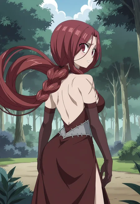 score_9, score_8_up, score_7_up, source_anime, 2d, Flare Corona, 1girl, dark red hair, long hair, twintails, red eyes, big breasts, hand scar, red dress, red gloves, anime coloring, anime screencap, detailed eyes, zPDXL, perfect faces, uncensored, rating_explicit, <lora:flare_corona_0:1>, from behind, looking back, looking at viewer, forest,