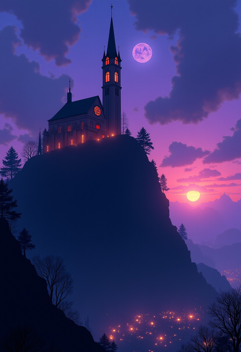 digital art wallpaper, 8k detailed, drawn, gothic city, focus on a earie cathedral that is on top of a mountain, belltower, bright night, purple lights in the sky