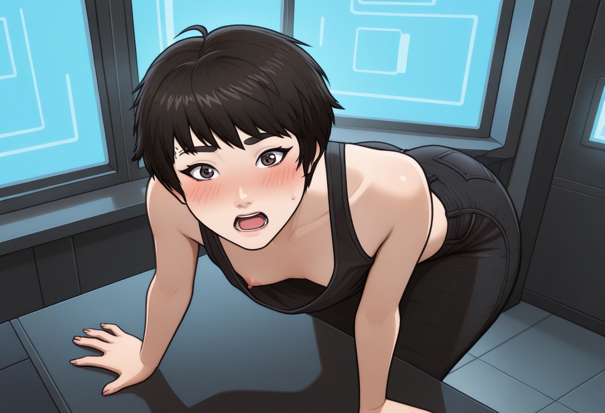 masterpiece,best quality,amazing quality,newest, absurdres, highres, detailed eyes, beautiful, perfect eyes, finely detailed face,pamistyle,	
BREAK	
1girl,solo, KimmyDKov, short hair, black hair, 
 small breasts,	small areolas,small nipples,
 nipple slip, 
kimmyshirt, crop top, black denim, pant, leaning forward, leaning over a table,
blush, surprised,	looking at viewer,
BREAK
detailed background,	cyberpunk background,
BREAK
from above,front view,
