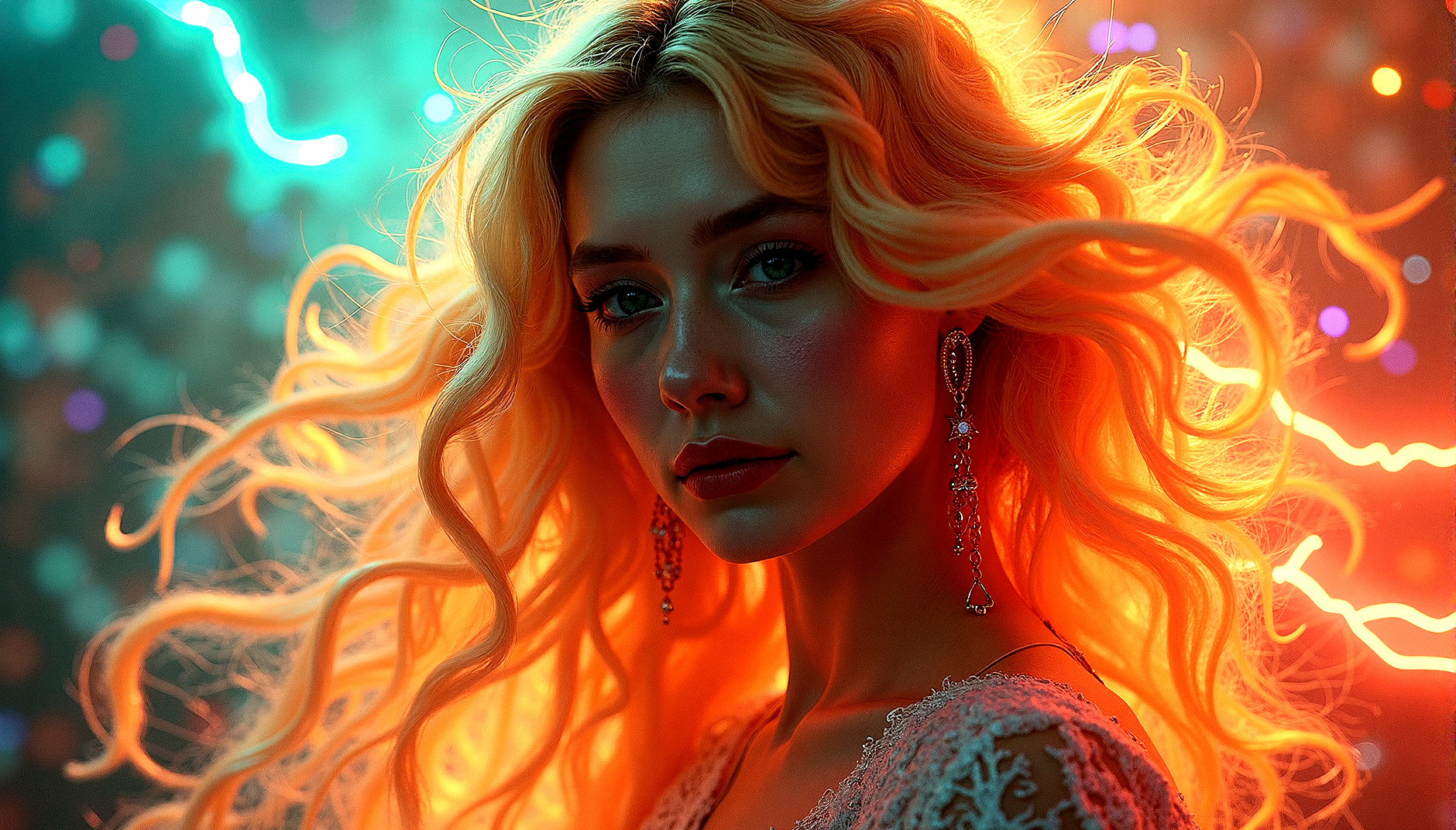 vintage style from 1930s,
Extreme realism in a complex, highly detailed composition featuring a woman with flowing rainbow-colored hair. The glowing background, with its vibrant colors, exaggerated details, intricate textures, and dynamic lighting, creates a whimsical, dreamy atmosphere in photorealistic quality.

Trails of light that weave through the scene, adding a playful and dynamic element.
Ribbons of light that float gently through the air, adding a delicate, ethereal touch.Background glows that are softly out of focus, adding depth and a dreamy quality.

The woman has a slight pout on her lips, her eyes looking away from the camera, giving a vintage, film-noir vibe.

