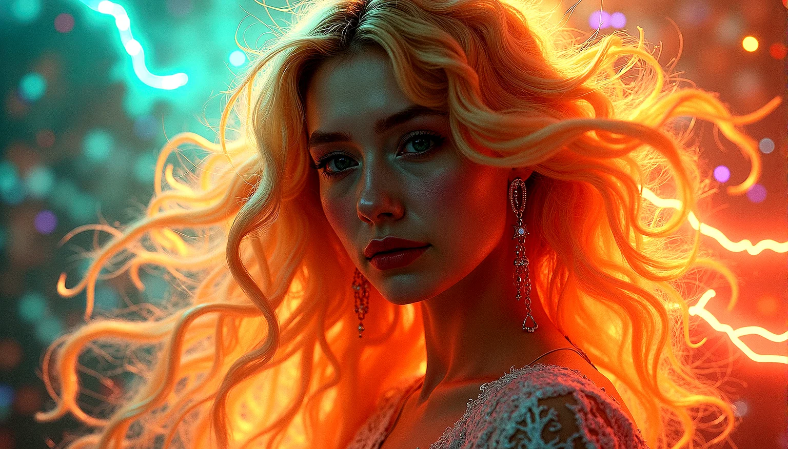 vintage style from 1930s,
Extreme realism in a complex, highly detailed composition featuring a woman with flowing rainbow-colored hair. The glowing background, with its vibrant colors, exaggerated details, intricate textures, and dynamic lighting, creates a whimsical, dreamy atmosphere in photorealistic quality.

Trails of light that weave through the scene, adding a playful and dynamic element.
Ribbons of light that float gently through the air, adding a delicate, ethereal touch.Background glows that are softly out of focus, adding depth and a dreamy quality.

The woman has a slight pout on her lips, her eyes looking away from the camera, giving a vintage, film-noir vibe.

