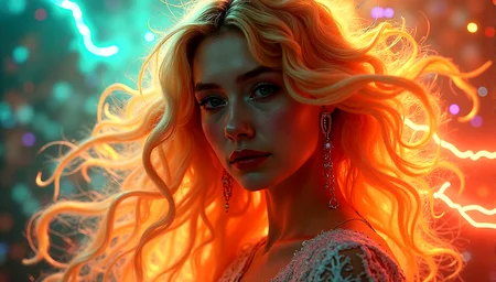 vintage style from 1930s,
Extreme realism in a complex, highly detailed composition featuring a woman with flowing rainbow-colored hair. The glowing background, with its vibrant colors, exaggerated details, intricate textures, and dynamic lighting, creates a whimsical, dreamy atmosphere in photorealistic quality.
Trails of light that weave through the scene, adding a playful and dynamic element.
Ribbons of light that float gently through the air, adding a delicate, ethereal touch.Background glows that are softly out of focus, adding depth and a dreamy quality.
The woman has a slight pout on her lips, her eyes looking away from the camera, giving a vintage, film-noir vibe.